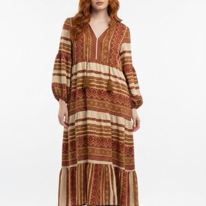 easel Rust and Cream Boho Aztec Midi Dress with Tassel Tie
